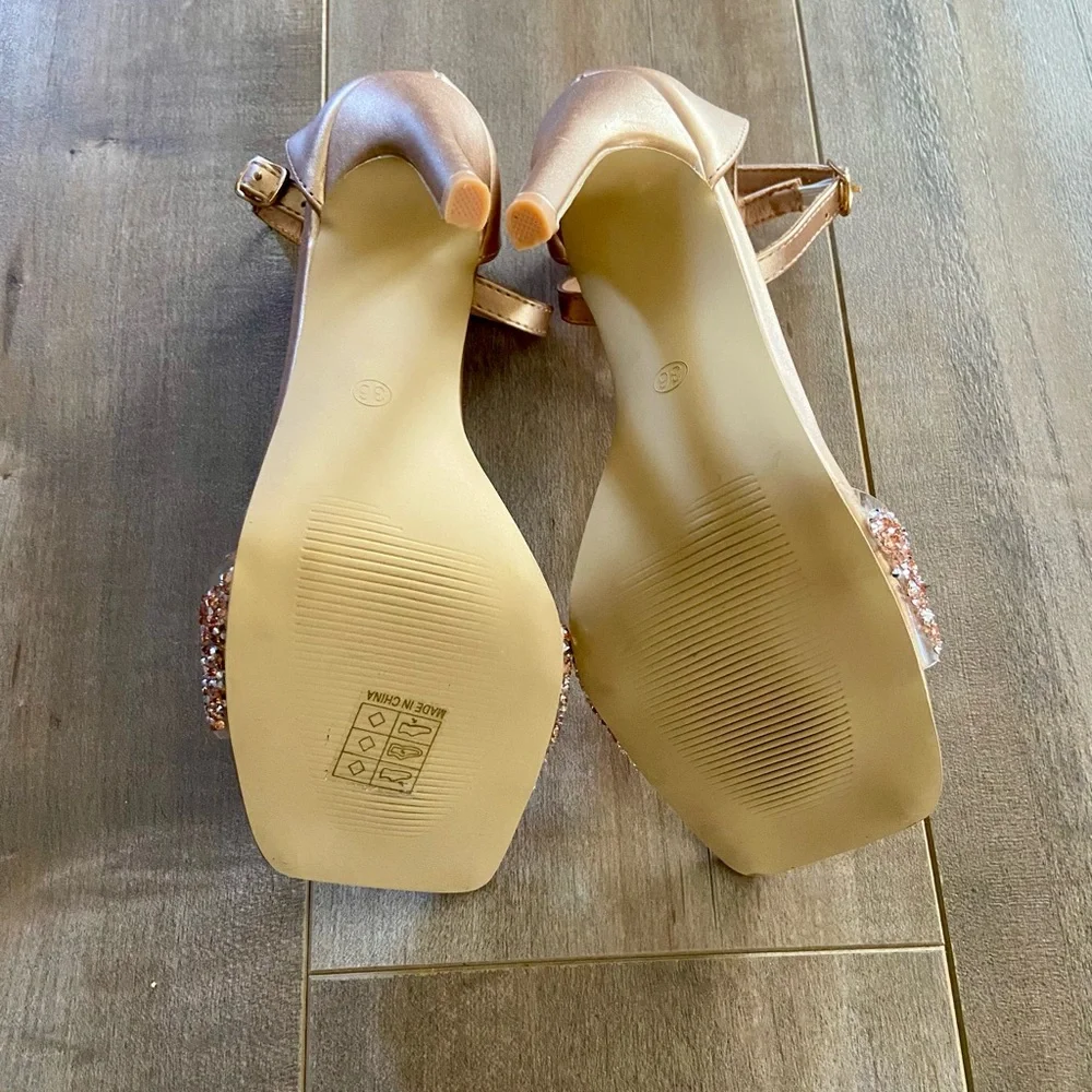 Open Toe Ankle Strap Rhinestone Band Dress Sandal Stiletto High Heel in Gold